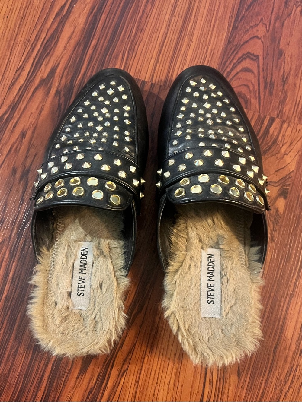 Steve Madden Jordan Black Slip-On Studded Faux-Fur Mules